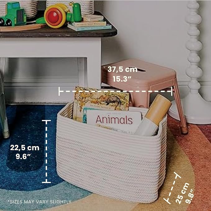 OrganiHaus Rainbow Stitches Cotton Rope Baskets for Shelves, Set of 3 - 15"×10"×9½" - Colorful Storage Baskets for Kids - Nursery, Playroom, Classroom - Toy Storage, Books, Towels