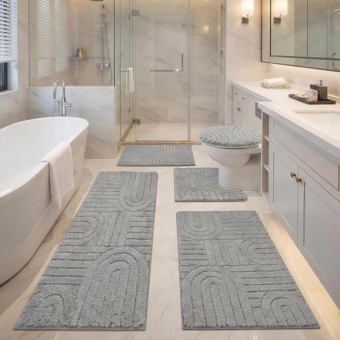 Homcomoda Bathroom Rugs Sets 5 Piece, Soft Absorbent Microfiber Bath Mats and U-Shaped Contour Toilet Rug, Non Slip Bath Rugs Machine Washable Shaggy Bath Room Floor Mats, Grey