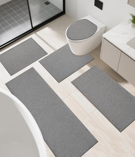 YIHOUSE Thin Bath Mat Grey Bathroom Rugs Sets 5 Pieces, Non Slip Absorbent Bath Mats Quick Dry, Woven Braided Rugs Washable, Rubber Tapetes para Baño for Bathroom Toliet,Bathtub