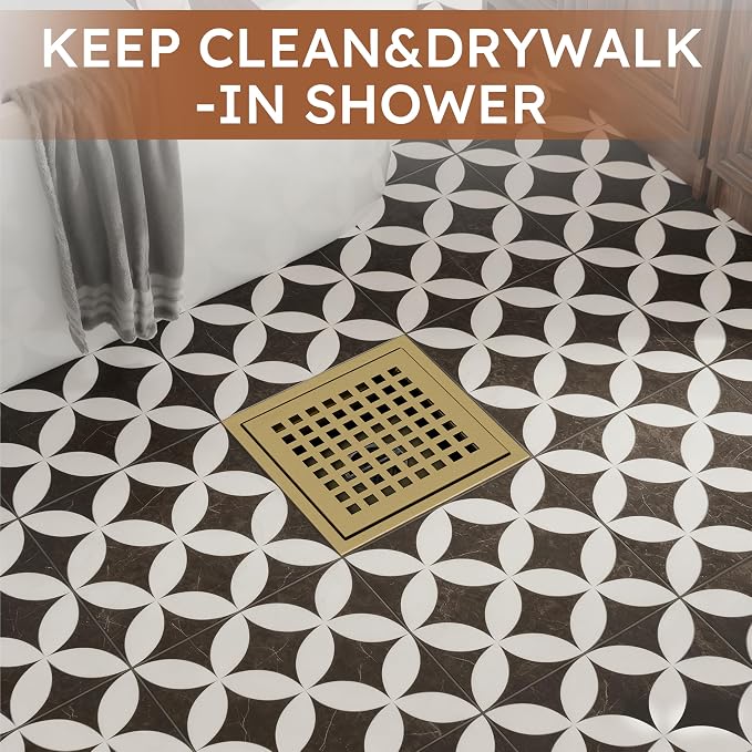 4 Inch Gold Square Shower Drain Kit with Flange,Modern Floor Drain with Removable Quadrato Pattern Grate,Stainless Steel SUS 304
