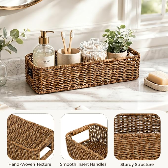 ZAVOOS Toilet Tank Basket, 2 Pack, Handwoven Built-in Handle | Rectangular Wicker Shelf Baskets for Organizing, Countertop Storage Bin for Bathroom Tank Top, Bedroom Closet