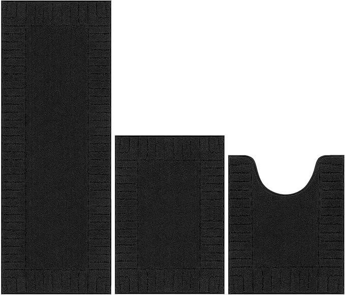 Pauwer Bathroom Rugs Sets 3 Piece, Microfiber Bath Mat Set, Black | Non Slip Washable, Soft Plush, Extra Absorbent Bath Mats, U Shaped Contour Toilet Rug for Bathroom