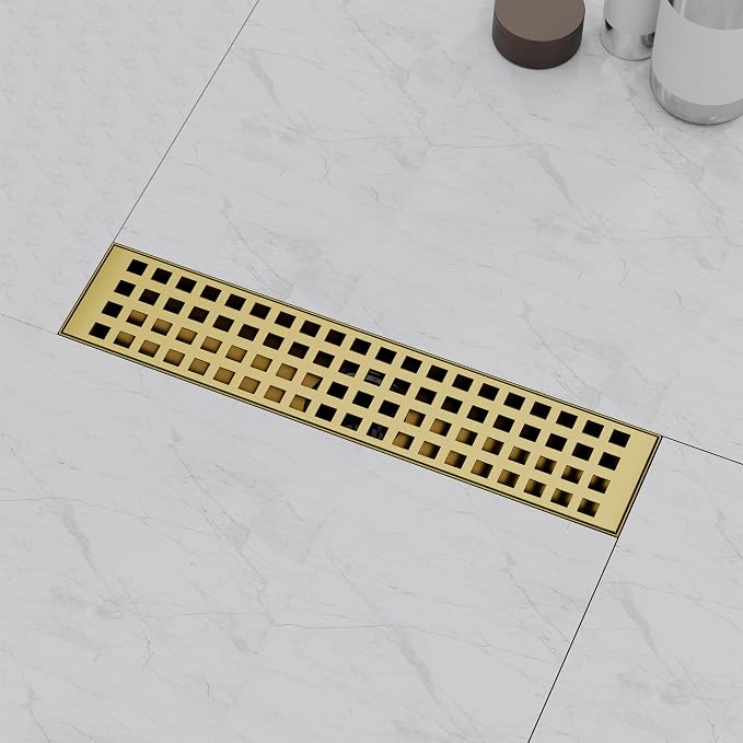 Linear Shower Drain 12 Inch, Modern Rectangle Shower Floor Drain with Removable Quadrato Pattern Grate, Stainless Steel SUS 304, Linear Drain with Leveling Feet& Hair Strainer