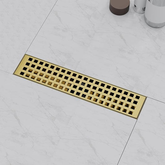 Linear Shower Drain 12 Inch, Modern Rectangle Shower Floor Drain with Removable Quadrato Pattern Grate, Stainless Steel SUS 304, Linear Drain with Leveling Feet& Hair Strainer