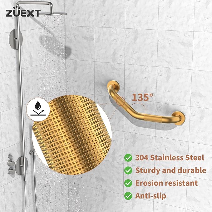 16 Inch Angled Grab Bar 2 Pack, ZUEXT Anti Slip Brushed Gold Shower Grab Bar, Stainless Steel Knurled Bathroom Balance Bar, Safety Hand Rail Support,Handicap Elderly Injury Senior Assist Bath Handle