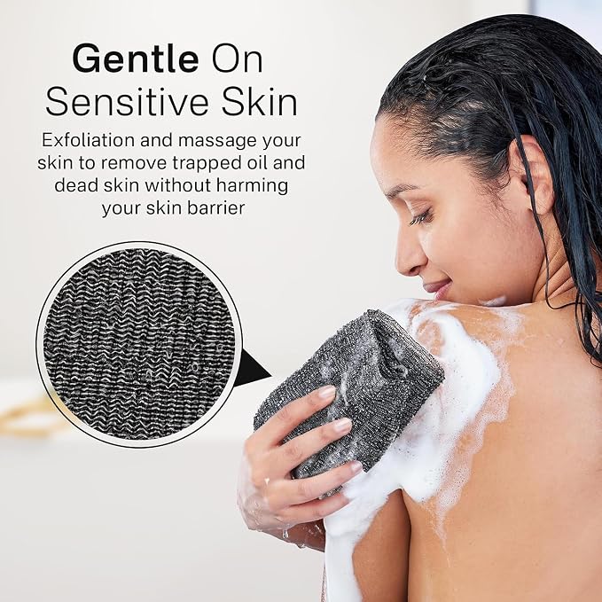 2PCS Exfoliating Washcloth Towel - Exfoliating Body Scrubber Exfoliator, Loofah Sponge Wash Cloth, Korean & Japanse & African Net Sponge Rag - Back Scrubber Washer (Silver Gray+Black)