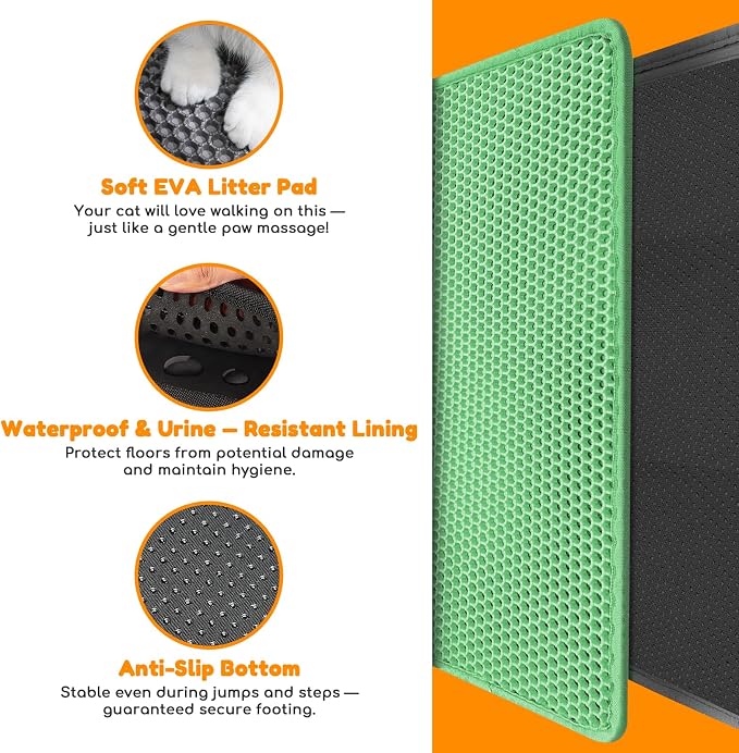 Cat Litter Mat 35"x24",Double Layer EVA Litterbox Mat Green | Extra Large Honeycomb, Waterproof & non-slip, Odor-free, easy clean, washable durable floor protector,scatter control