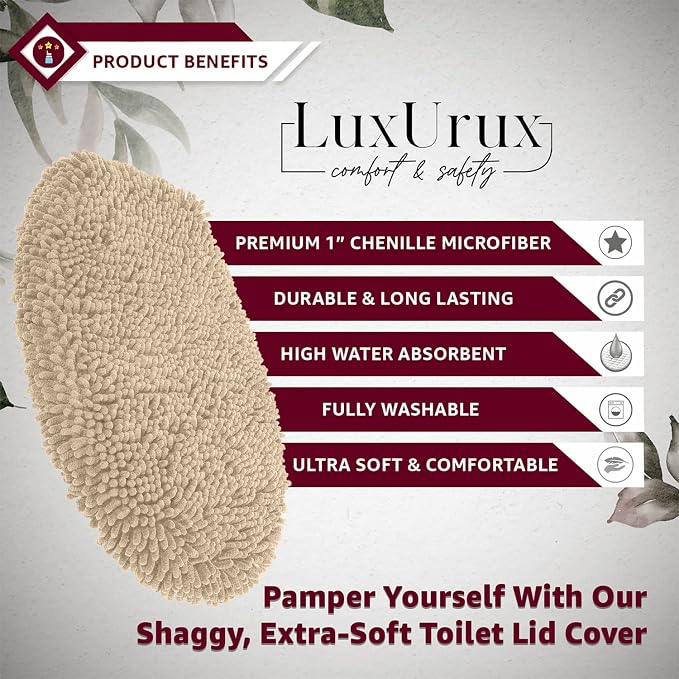 LuxUrux Toilet Lid Cover with Stretch Fit Elastic Band – Chenille Microfiber Toilet Seat Non-Slip Cover for Bathroom – Soft Plush, Machine Wash And Dry, Comfort & Clean Look (18 x 18'', Birch)