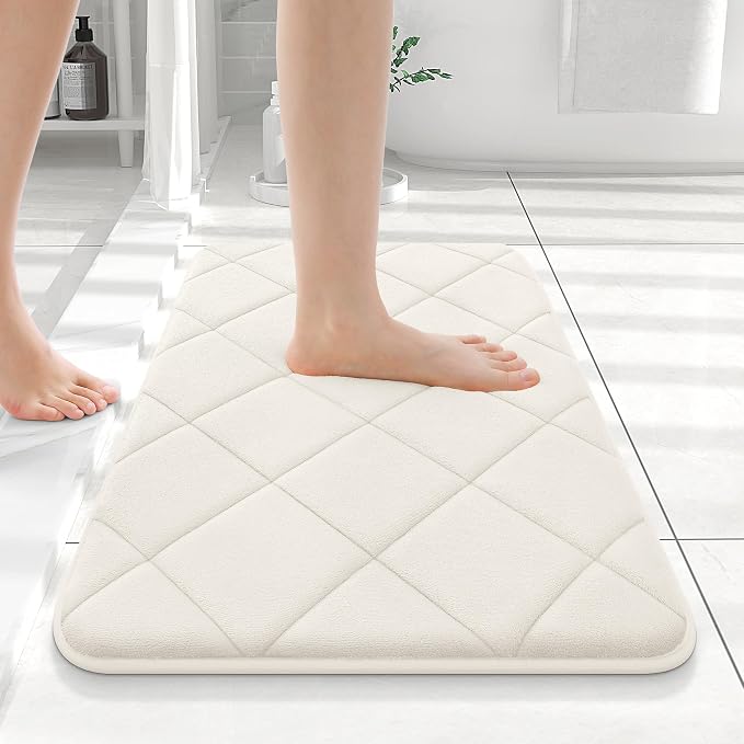 OLANLY Memory Foam Bath Mat 24x16, Ultra Soft and Absorbent Bathroom Rugs | Ivory, Quick Dry, Machine Washable Shower Bath Rugs, Comfortable Bath Carpet for Bathroom Floor, Tub and Shower