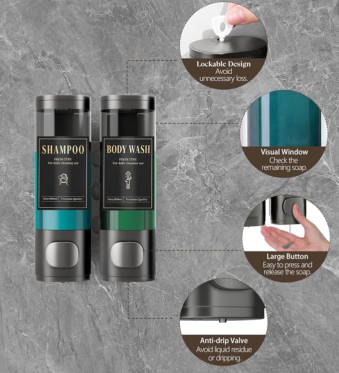 Luxspire Shampoo and Conditioner Dispenser, Shower Soap Dispenser 2-Chamber | Lockable Large Capacity 600ml No-Drill Wall-Mounted Shampoo and Body Wash Dispenser for Bathroom Hotel Kitchen Airbnb