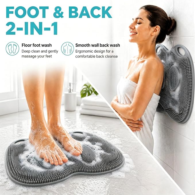 XL Silicone Shower Foot Scrubber Mat with Suction Cups, Foot Washer for Shower, Foot and Back Scrubber for Smooth Shower Wall or Floor, Grey, 17.3 x 12.9 in