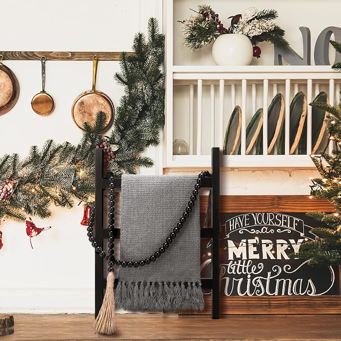 AceOrbit 2 Pcs 14'' Tea Towel Ladder with 3.3 ft Vintage Wood Bead Garland Small Decorative Ladder Hand Towel Stand Mini Blanket Holder Rack Kitchen Counter Farmhouse Rustic Bathroom Decor(Black)