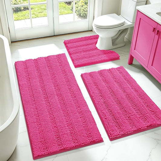 ACCUMTEK Christmas Striped Hot Pink Bathroom Rug Set 3 Pieces Ultra Soft, Non Slip Chenille Toilet Mat, Absorbent Plush Shaggy Bath Mats for Bathroom, Bedroom, Kitchen, Peach