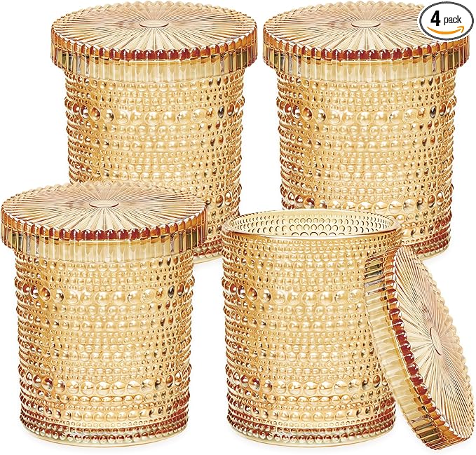 Flrolove 4pcs Amber Glass Qtip Holder, 10oz Bathroom Organizers and Storage | Heavy Base Bathroom Jars with Lids Set for Qtips, Cotton Rounds, Balls & Floss Picks, Water Proof, BPA Free, Dishwasher Safe
