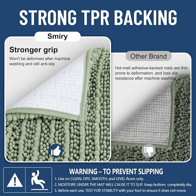 Smiry Bathroom Rugs 40X32, Extra Soft Rubber Backing Chenille Bath Mats | Sage Green Machine Washable Non Slip Quick Dry Bath Mats for Bathroom Floor, Tub, Shower, Home Decor Accessories