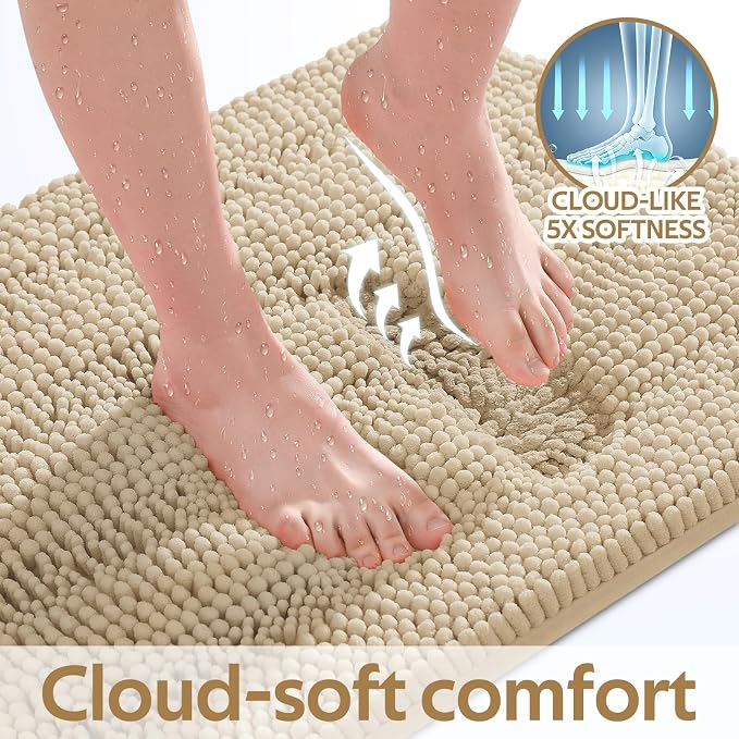 ACCUMTEK Striped Beige Bathroom Rug Mat Set 2 piece 24"x17"+48"x20" Ultra Soft, Non Slip Chenille Bath Rugs, Absorbent Plush Shaggy Bath Mats for Bathroom, Bedroom, Kitchen, Shower, Tub