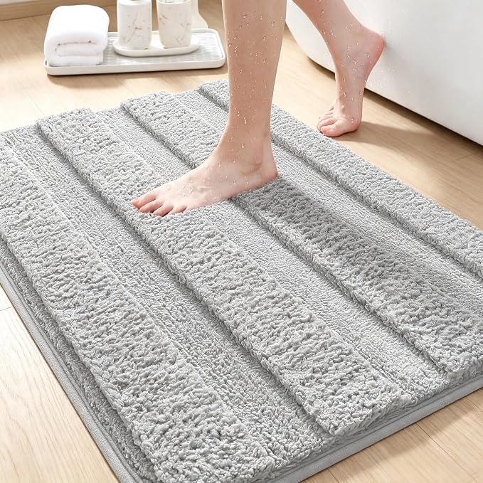 Striped Bathroom Rugs, Ultra Soft Plush Fluffy Microfiber Absorbent Bath Mat, Non-Slip Backing, Machine Washable Bath Mats for Bathroom Floor, Tub and Shower, Home Decor, Grey/36"x24"