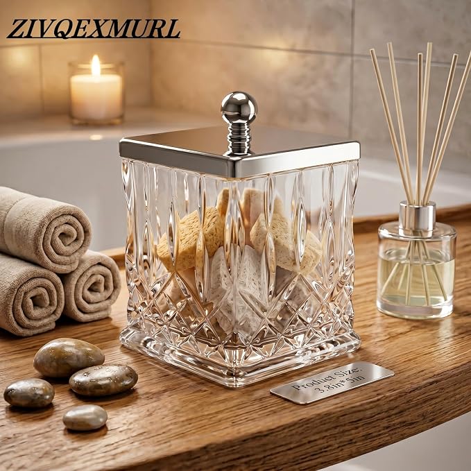 2 Pack Glass Qtip Holder Dispenser Set,Square Bathroom Apothecary Jars with Silver Metal Lid for Cotton Swabs,Balls, Pads, Floss Picks, Vanity Storage Container for Makeup,Candy, Jewelry(15 Oz, Clear)