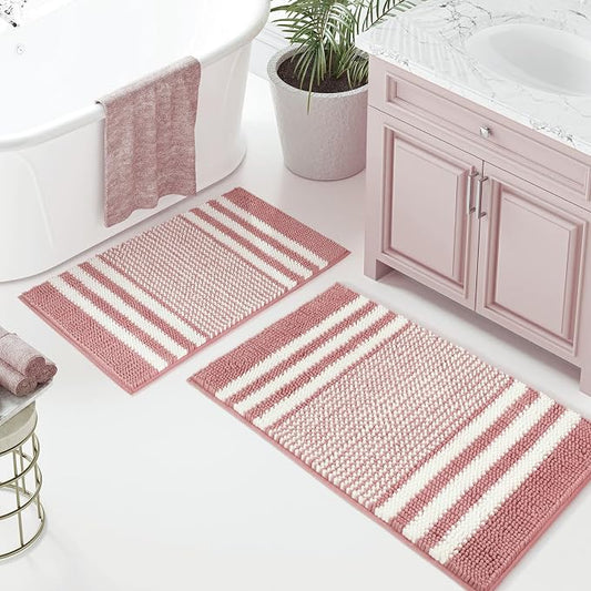 BSICPRO Bathroom Rugs Sets 2 Piece, Non Slip Striped Bath Mats, Dusty Pink | 20"x32" Plus 16"x24"，Soft Absorbent Chenille, Quick Dry Machine Washable, Shower Rug for Bathroom Floor, Tub, Bedroom Decor