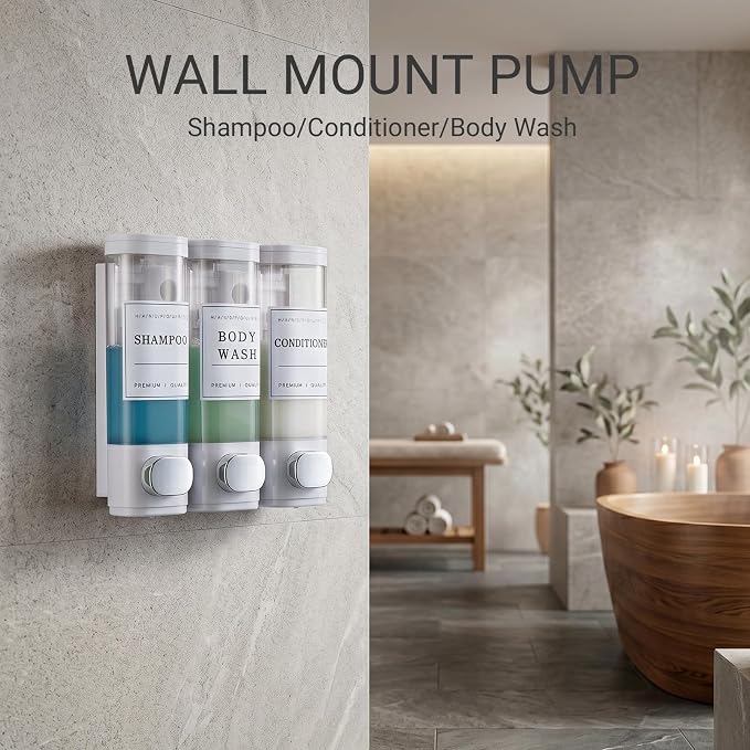 Shampoo and Conditioner Dispenser, Shower Soap Dispenser Wall Mounted, Shampoo Dispenser for Shower Wall No Drill, Bathroom Body Wash Dispenser 3 * 350ml White 3 Chamber