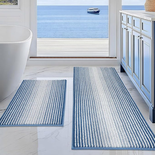 Bathroom Rugs Sets 2 Piece, Non Slip Striped Bath Mats, Sky Blue | 20"x47" Plus 16"x24", Soft Absorbent Chenille, Quick Dry Machine Washable, Shower Rug for Bathroom Floor, Tub, Bedroom Decor