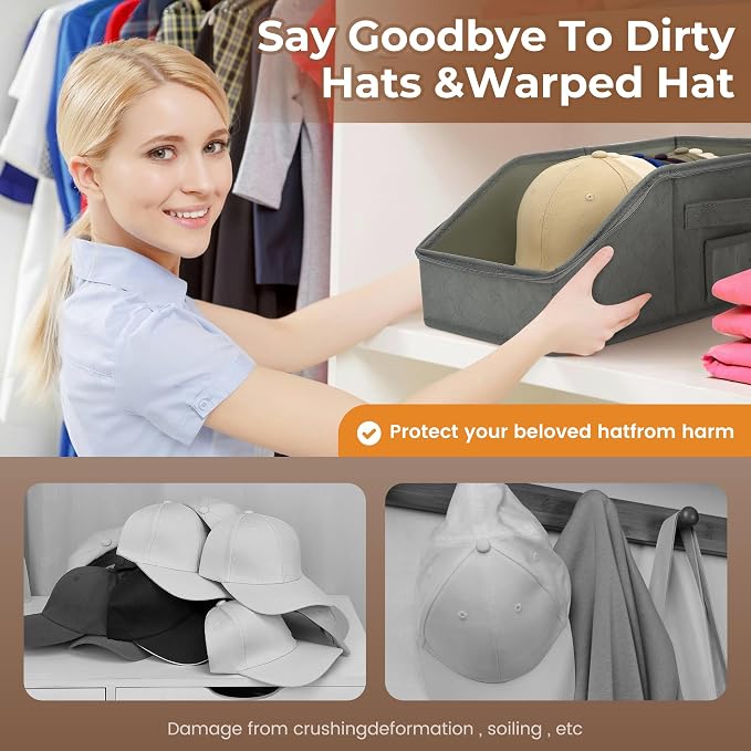 2 PCS Stackable Hat Storage for Baseball Caps, Large Hat Organizer with transparent window, Holds up to 30 Caps Hat Organizer (Gray)