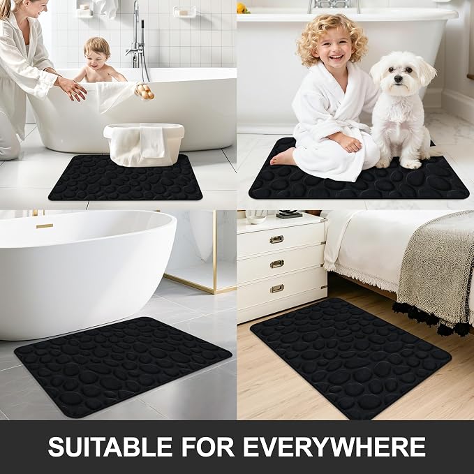 Stone Bath Mats, Non-Slip Memory Foam Bathroom Rug, 16x24 Black | TPR Rubber Backing,Ultra Soft,Highly Absorbent,Machine Washable,Quick Dry for Tub and Shower, Home Decor Accessories