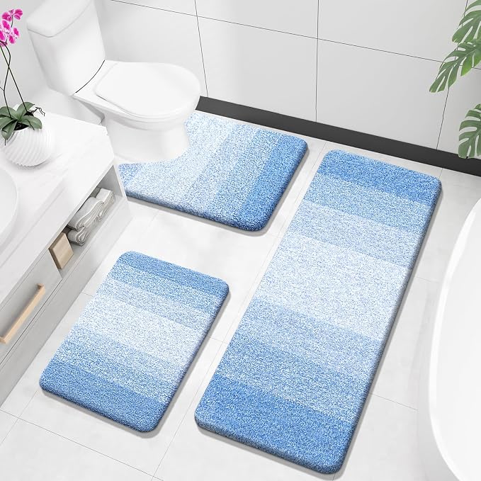 OLANLY Microfiber Bathroom Rugs Sets 3 Piece, 47"x20"+24"x16"+24"x20" | Light Blue, Soft Absorbent Bath Mats and U-Shaped Contour Toilet Rug, Plush Shaggy Bath Mat Set for Bathroom