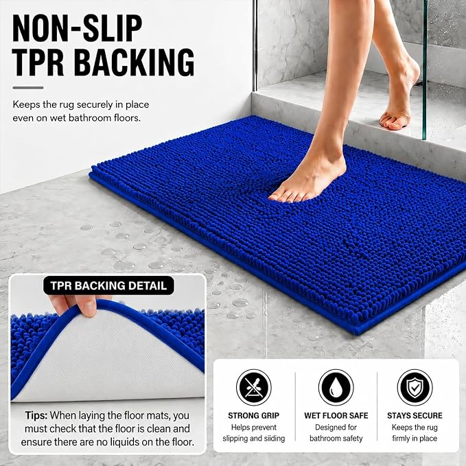 Bathroom Rugs Sets 2 Piece,Super Absorbent Soft,Thick,Machine Washable Chenille Bath Mat,Non Slip Toilet Floor Rug,Bath Mats for Bathroom,20x32 Plus 20x20 U Shape,Royal Blue