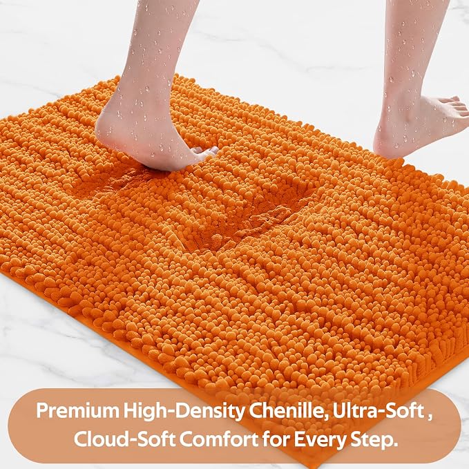 ACCUMTEK Upgrade Extra Large Orange Bathroom Rug Set 3 Pieces Ultra Soft, Thick Absorbent Bath Mats, Non Slip Chenille Toilet Mat for Bathroom, Bedroom, Kitchen