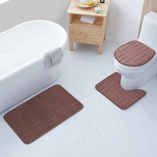 All American Collection 3PC Memory Foam Bath Mats Soft Plush Stripe Design Anti-Slip Shower Bathroom Contour Toilet Lid Cover Rugs (Stripe Mauve)