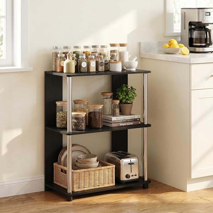 Furinno Jaya Simple Design 3-Tier Bookcase/Bookshelf/Display Rack with Stainless Steel Tubes, Americano