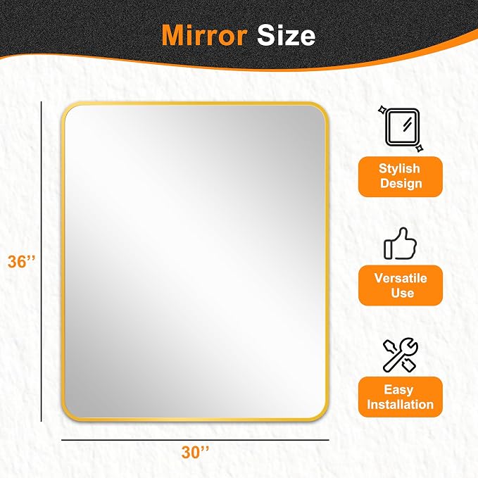 Delma Bathroom Vanity Mirror, Gold Framed Mirror for Over Sink, 36x30 | HD glass, distortion-free for makeup and grooming, Sturdy frame, all mounting hardware, hangs horizontal or vertical