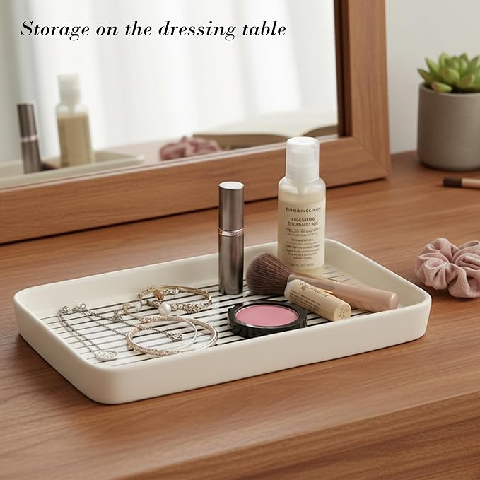 10"×6"×1" White Bathroom Vanity Tray for Countertop- Ceramic Decorative Organizer Tray for Dresser Tops, Toilet, Perfume, Sponge Holder Soap Dish Dispenser for Kitchen Counter- Black Stripes