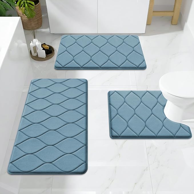 Smiry Memory Foam Bath Mat 24x16, Ultra Soft Absorbent Bathroom Rugs | Airy Blue, Plush Quick Dry and Machine Washable Cushion Bath Mats for Bathroom, Shower, Tub & Home Decor