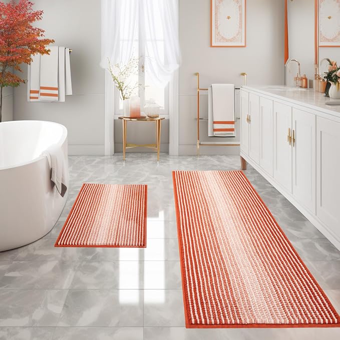 Bathroom Rugs Sets 2 Piece, Non Slip Bath Mats, Sunset Orange | 24"x70" Plus 20"x32", Soft Absorbent Striped Chenille, Quick Dry Machine Washable, Shower Rug for Bathroom Bedroom Décor