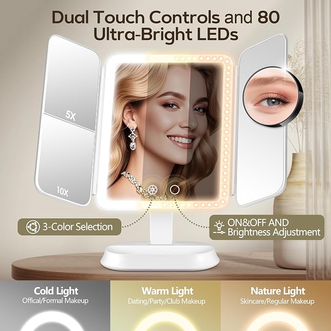 GOMIPURU Makeup Mirror with Lights and 30X/10X/5X Magnification, Vanity Mirror with 3 Color Lights, Rechargeable, Detachable, Lighted Makeup Mirror with Magnification, Trifold Mirror, Gifts, White