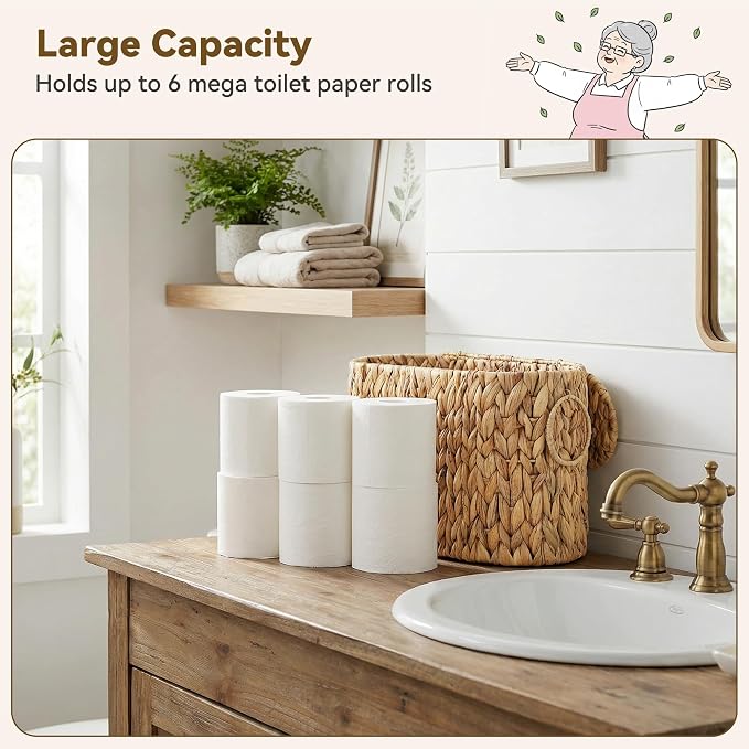 GRANNY SAYS Slim Toilet Paper Holder Baskets for 6 Mega Rolls, Bathroom Toilet Paper Storage Baskets with Lid, Wicker Natural Water Hyacinth Storage Basket with Handles for Bathroom Organizer