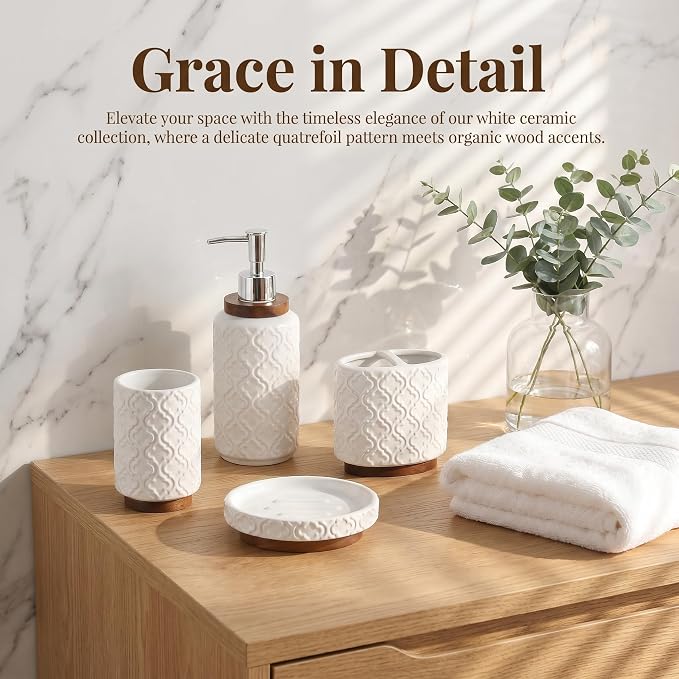 RQYIXI Ceramic 4-Piece Bathroom Accessories Set,White | Countertop Essentials Embossed Textured Design Solid Wood Non-Slip Detail Pearl White Finish