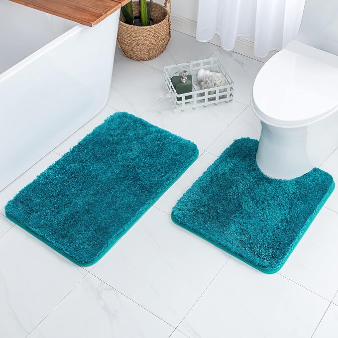 MIULEE Teal Bathroom Rugs Set 2 Piece Soft Bath Mats 20x24+20x30 Inch | Absorbent Microfiber Bath Mat and U-Shaped Toilet Rug, Non Slip, Quick Dry, for Bathroom Floor Tub Showers, Machine Washable