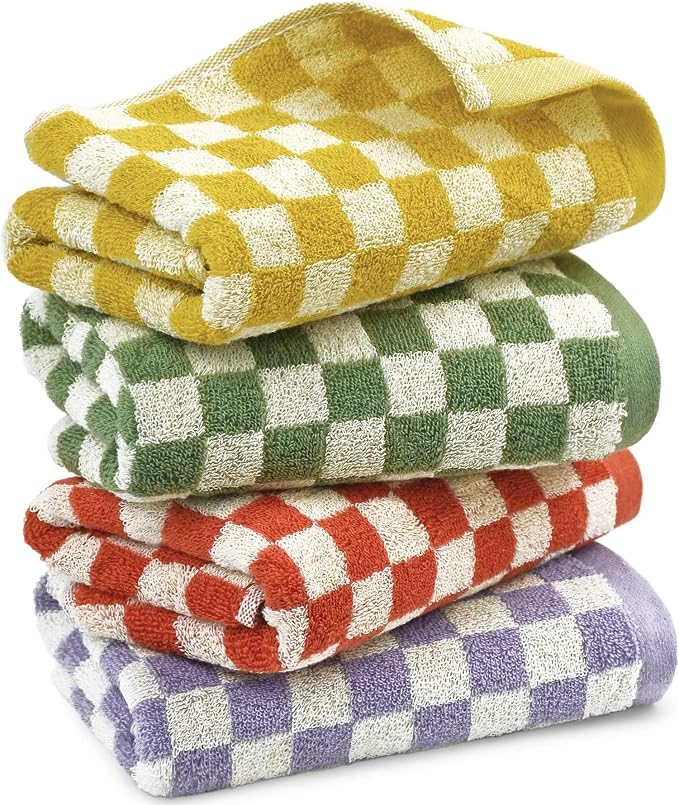 Jacquotha Hand Towels for Bathroom 4 Pack, Checkered Hand Towel Set | Cotton Soft Absorbent for Face Spa Bath Gym, Kitchen Towels Decorative, 13 x 29 Inches, 4 Colors