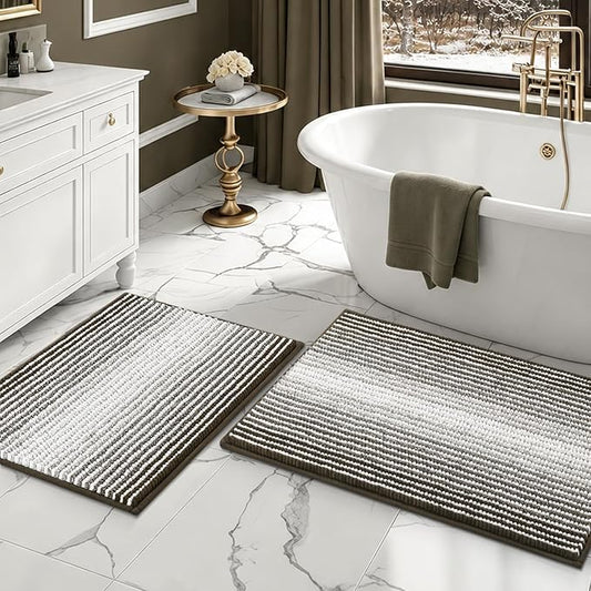 Bathroom Rugs Sets 2 Piece, Non Slip Striped Bath Mats, Latte | 20"x32" Plus 16"x24", Soft Absorbent Chenille, Quick Dry Machine Washable, Shower Rug for Bathroom Floor, Tub, Bedroom Decor