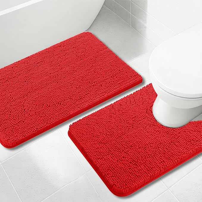 Bathroom Rugs Chenille, Extra Thick and Absorbent, Non-Slip, Machine Washable, Dry Quckily, Soft Cozy Plush, Used Under Shower Bathtub and Sink, Bath mat Sets Red