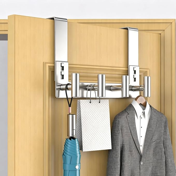 PMMASTO Over The Door Hooks, Fits 1-3/4" Thick Door No Drill Hooks for Closet Bathroom Bedroom Organization, Hanger for Coat Towel Robe (Polished Silver, 4 T-Hooks)