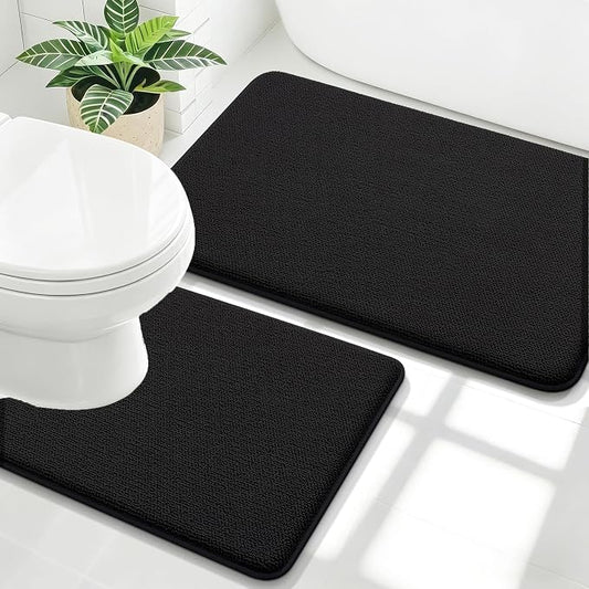 OLANLY Memory Foam Bathroom Rugs Mats Sets 2 Piece, 24"x20"+30"x20", Black | U-Shaped Toilet Rug Set, Non-Slip Quick Dry Machine Washable Absorbent Bath Mats for Bathroom, Shower, Home Decor Accessories