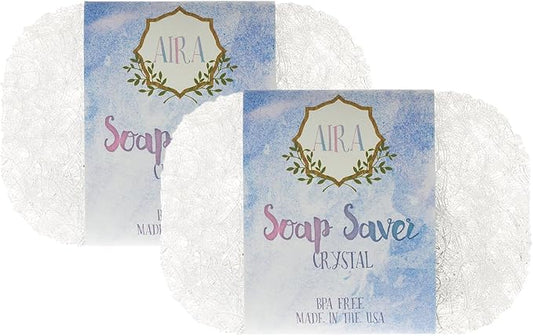 Aira Soap Saver - Soap Dish & Holder - BPA Free Bath & Shower Soap Saver - Drains Water, Extends Soap Life - Easy to Clean, Fits All Sets - Crystal Double Pack