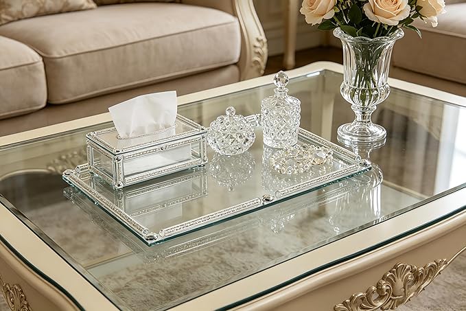 Large Mirror Perfume Tray for Dresser,Crushed Diamond Filled Glass Vanity Tray,Decorative Bathroom Tray,Crystal Tray for Home Decorative,Party,Hotel Banquet,15.7x11.8x1.4inch,Silver