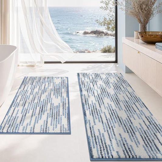 BSICPRO Bathroom Rugs Sets 2 Piece, Modern Bath Mat 20"x47"+20"x32", Blue | Loop Pile Chenille, Non Slip TPR Rubber Backing, Abstract Stripe, Soft Thick Absorbent Washable, Runner Rug for Bathroom
