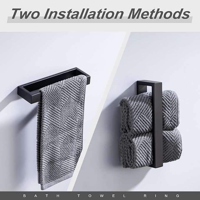 Towel Bar, 9 Inch Hand Towel Holder Wall Mount, Towel Racks for Bathroom Accessories, Stainless Steel Towel Ring Hardware (Matte Black, 2 Pack)