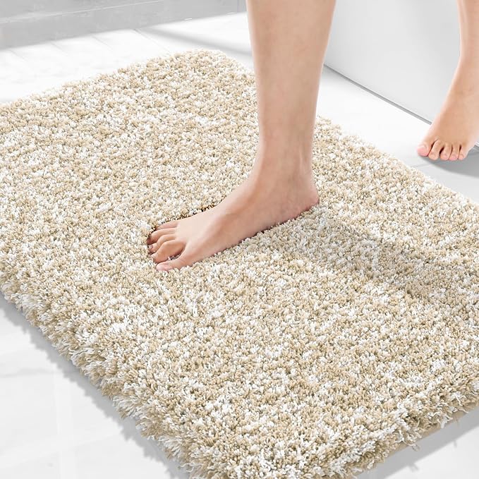 Yimobra Bath Rugs for Bathroom 32X20, Ultra Soft and Water Absorbent Bath Mats, Non Slip Plush Shower Mat Outside, Microfiber Mats for Bathroom Floor/Tub, Machine Washable, Light Beige and White